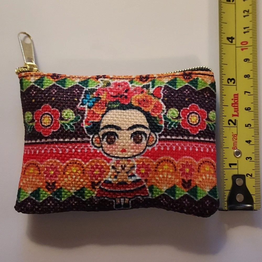 Frida Kahlo Coin Purse Makeup Bag Colorful Woven Patterned Women's Bag